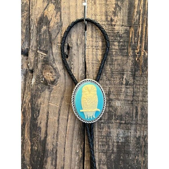 Mens Women OWL TURQUOISE Cameo Silver Pendant Lariat Black Bolo Tie Rockabilly - Picture 2 of 6